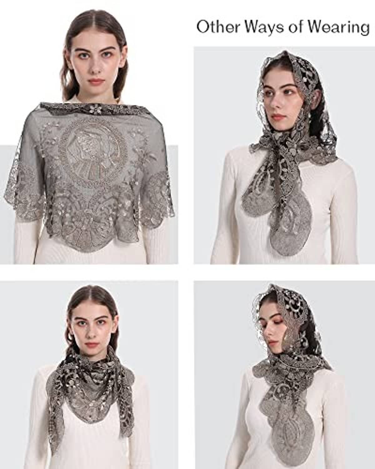 Grey lace triangular mantilla veil with embroidered religious motif and scalloped edges