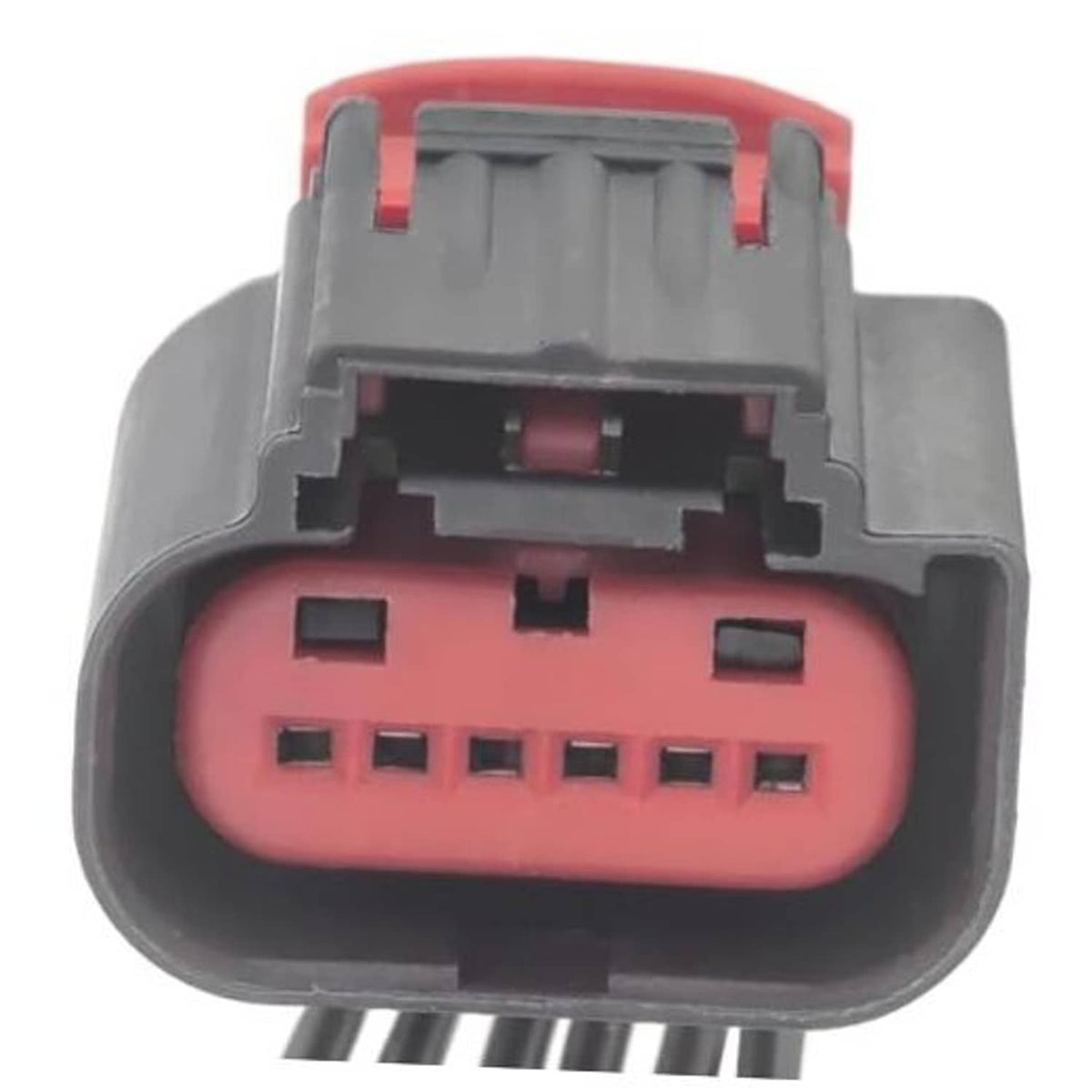 Seat recline motor wiring harness connector with red multi-pin insert, front view