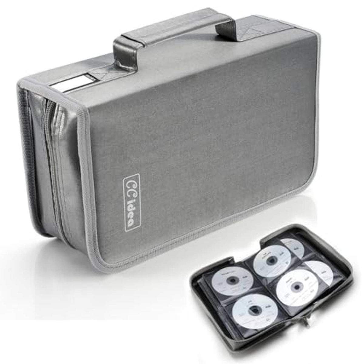 Gray DVD storage case with handle, open compartment with discs inside