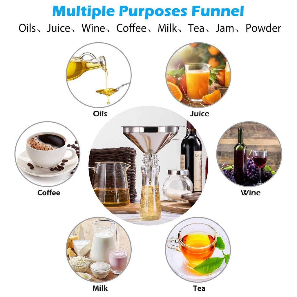 Stainless steel funnel for kitchen pouring, with mesh filter and brush