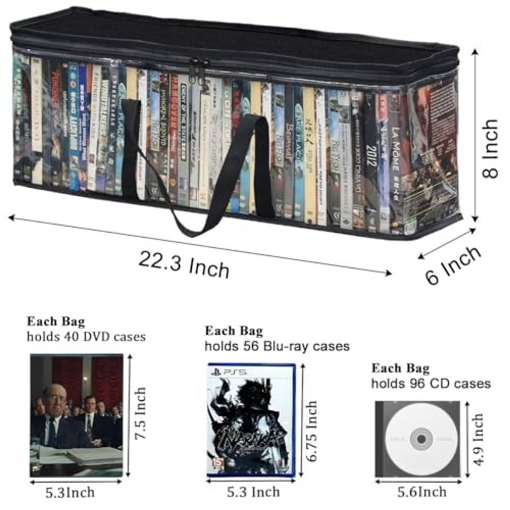 Rectangular clear-front DVD storage bag with black zipper and handles, size marked 22.3 x 6 in