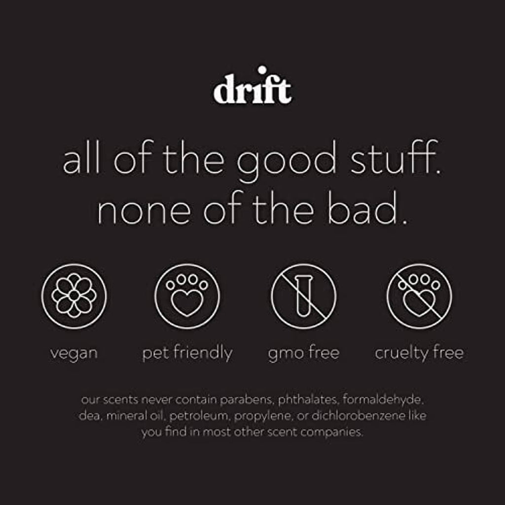 drift wood car freshener claims badge: vegan, pet friendly, gmo free, cruelty free