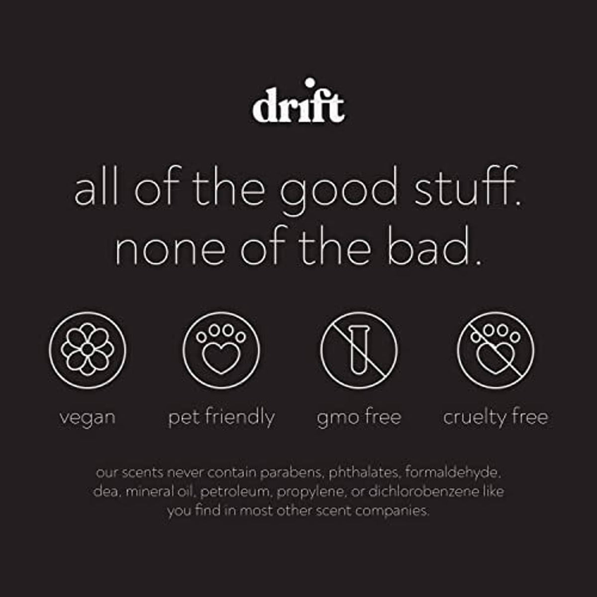 drift wood car freshener claims badge: vegan, pet friendly, gmo free, cruelty free
