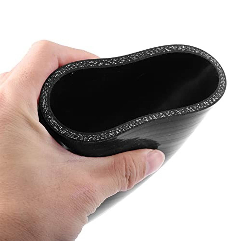 Black silicone 90-degree elbow reducer hose, 76mm (3 in), close-up of inner opening