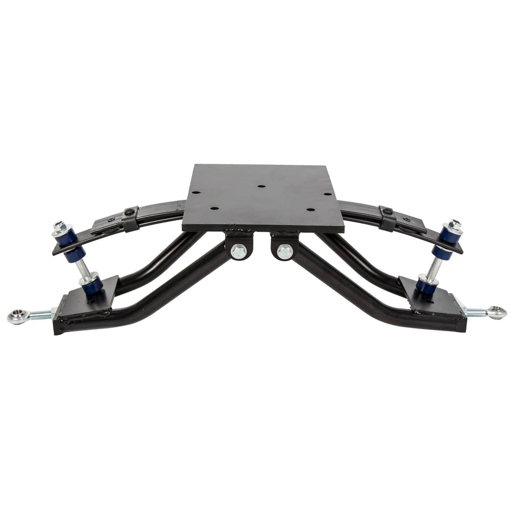 Single-piece view of black A-arm lift assembly with center plate and blue bushings