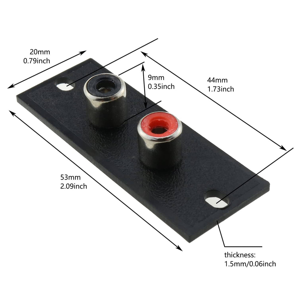 Black RCA panel socket with gold RCA port and red RCA port, plus two mounting holes.