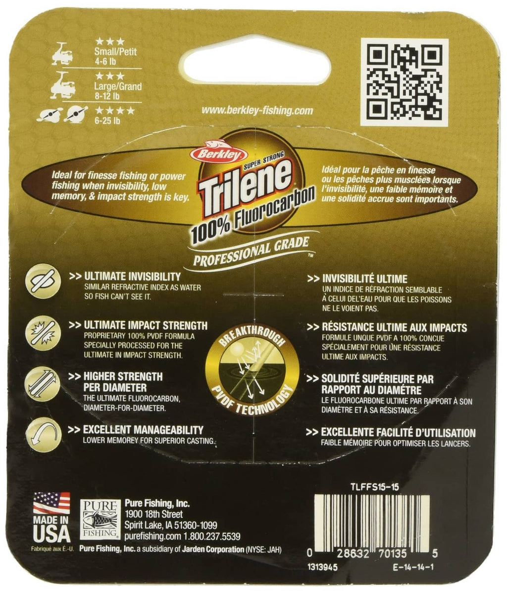 Berkley Trilene 100% fluorocarbon fishing line package back with specs and icons