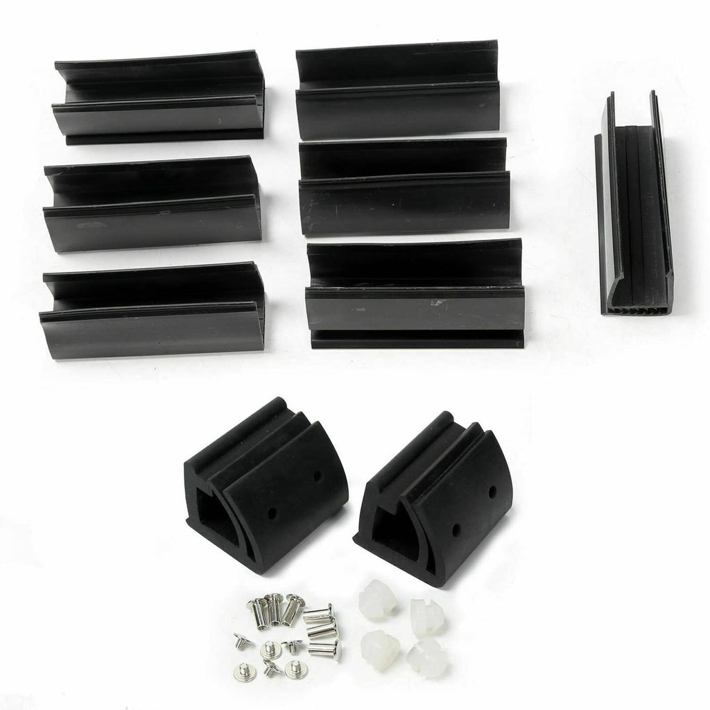 Black windshield seals, clips, and hardware for folding clear golf cart windshield