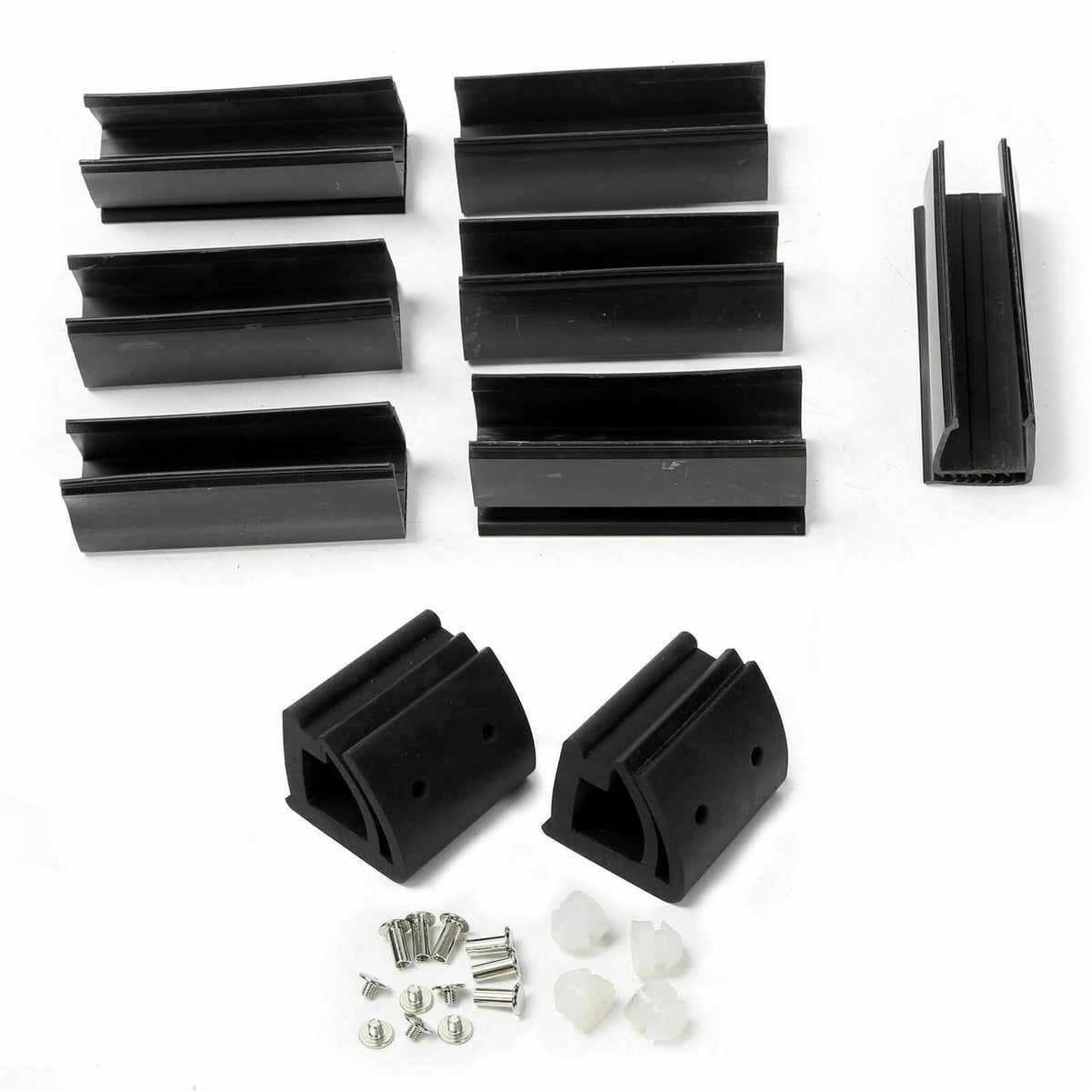 Black windshield seals, clips, and hardware for folding clear golf cart windshield