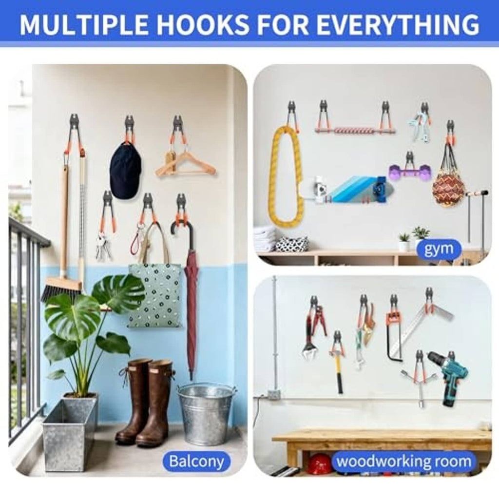 Set of garage hooks with orange PVC-coated arms for hanging tools and accessories