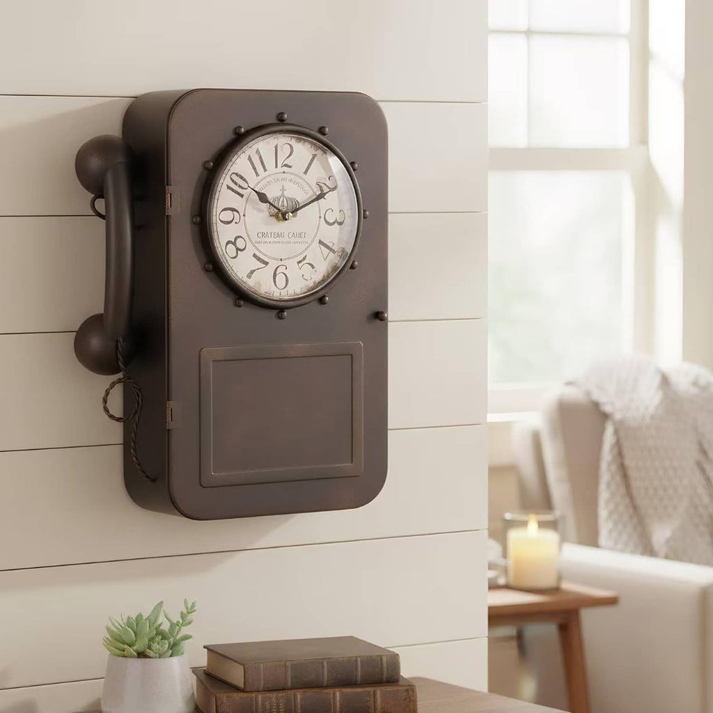 Dark brown antique-style wall clock with round dial and lower hidden storage door