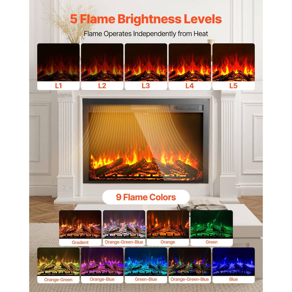 Electric fireplace insert with multiple flame brightness levels and flame colors