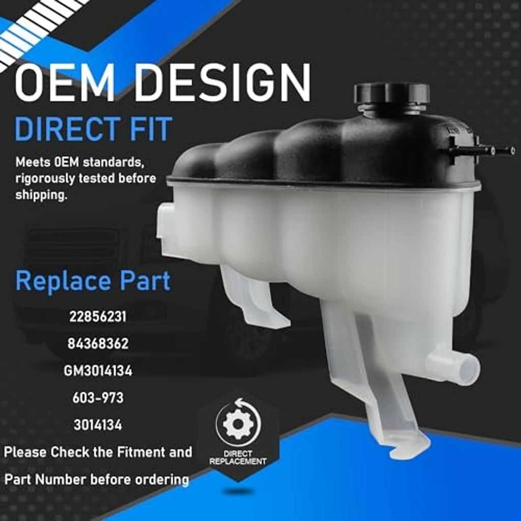 Coolant expansion reservoir tank with black cap, translucent tank, and two outlet nipples