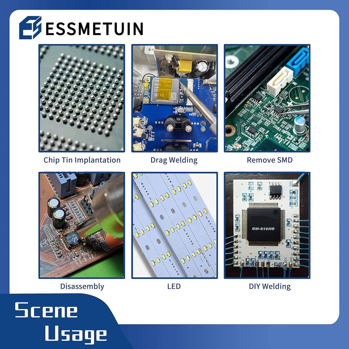 Soldering flux paste usage collage showing welding, LED, and circuit applications