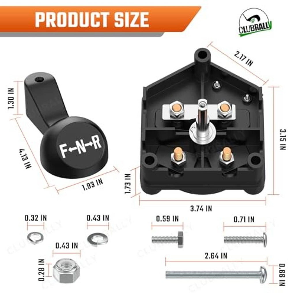 Forward/reverse switch size diagram with black handle labeled F-N-R and measured parts