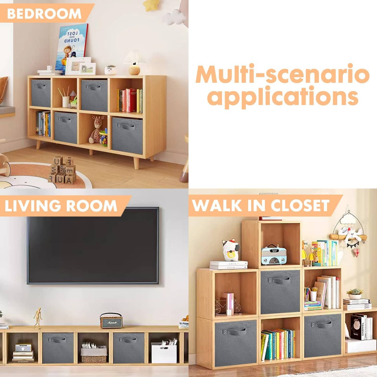Gray fabric storage cubes with handles for organizing books and decor in storage unit