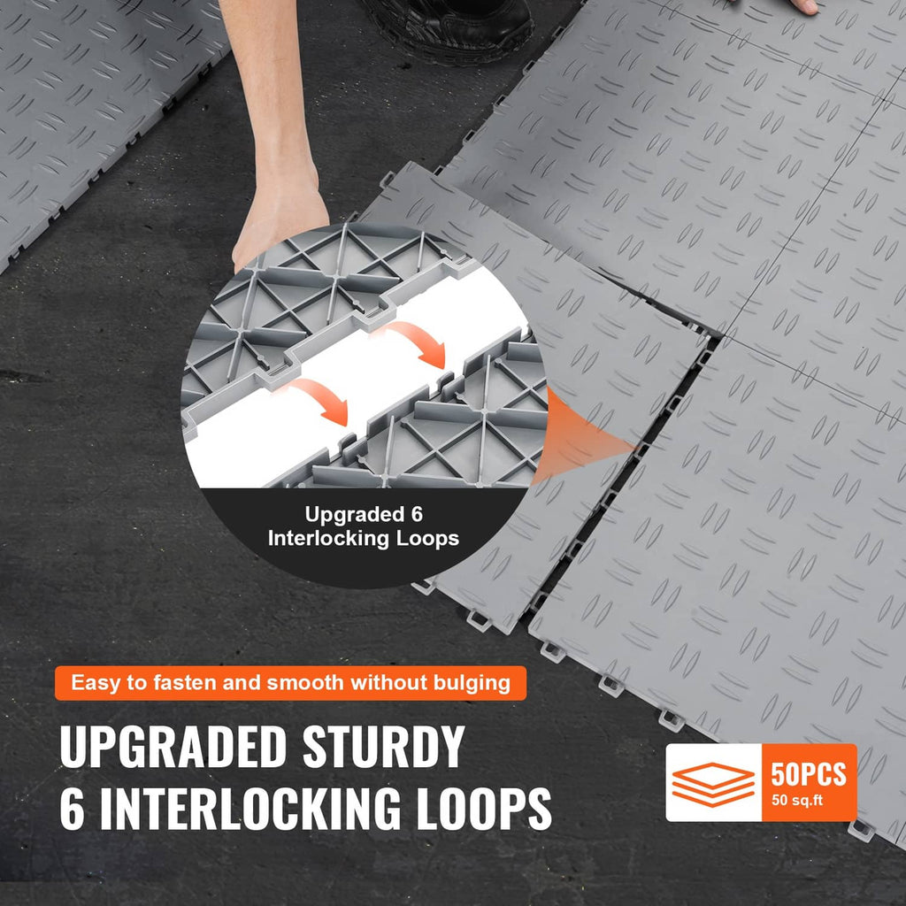 Silver interlocking garage tiles with reinforced under-structure for a tight fit
