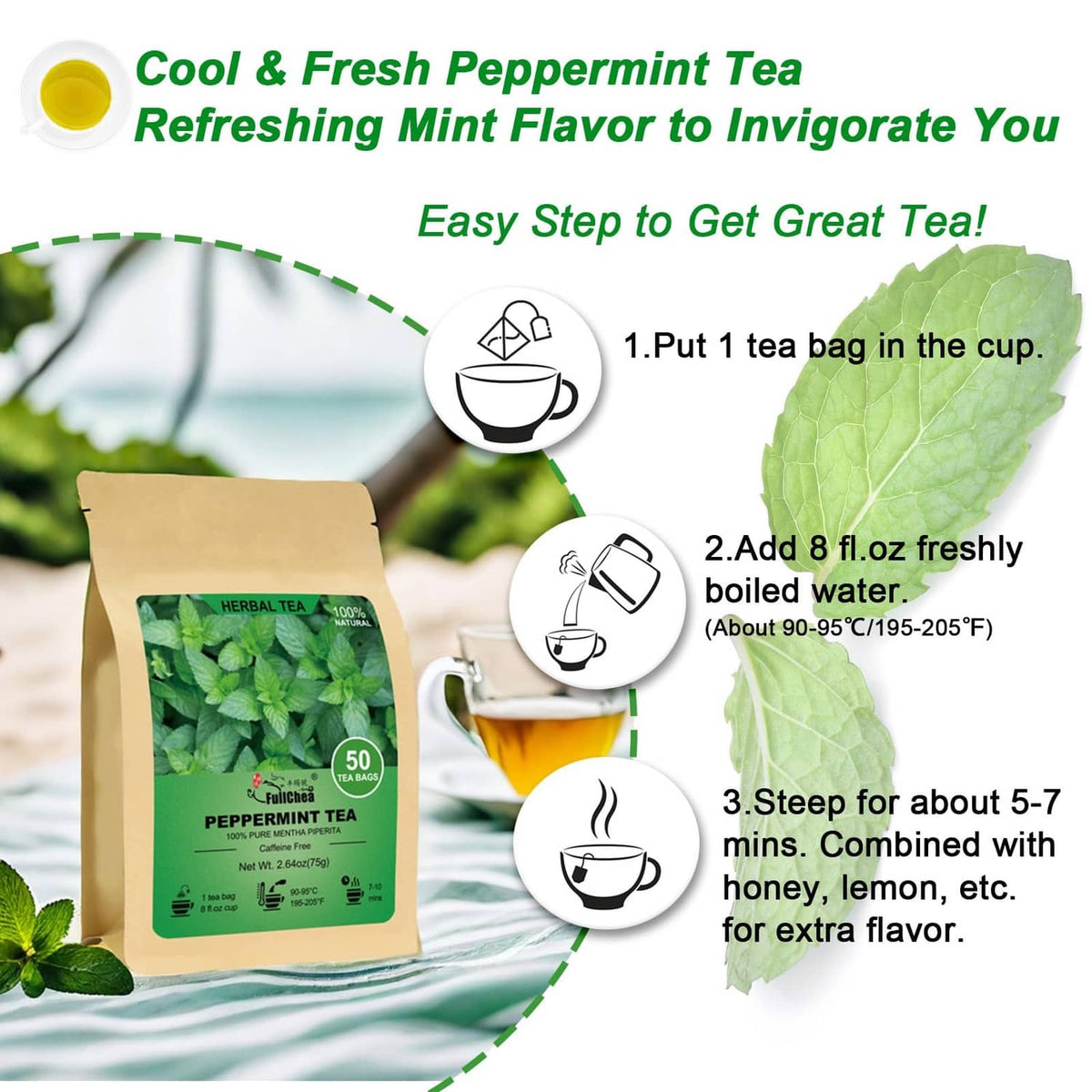 Peppermint tea bag brewing instructions infographic with tea pouch and cup