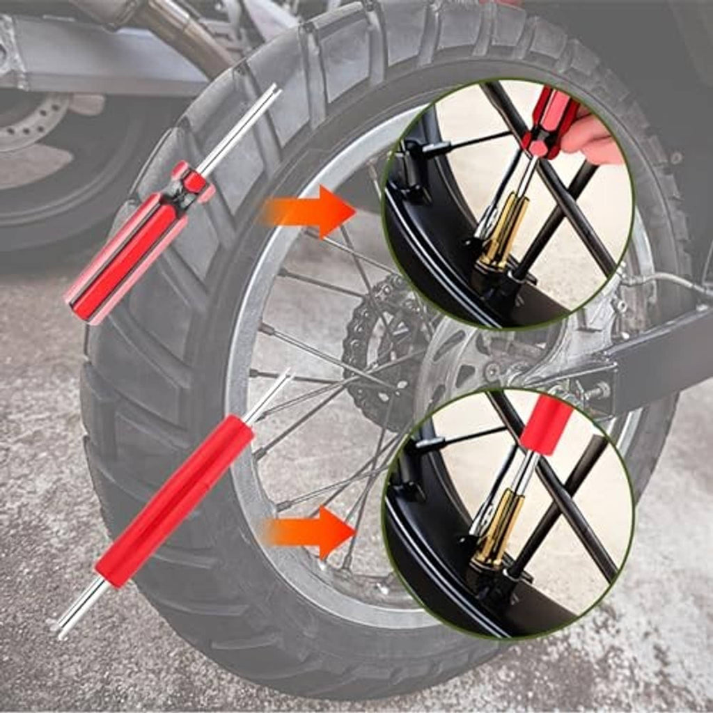 Tire valve repair tool in use on a wheel, showing red handle and valve stem access