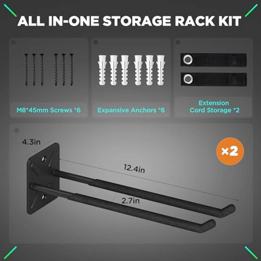 Black double garage wall hooks with mounting plates, shown with included screws