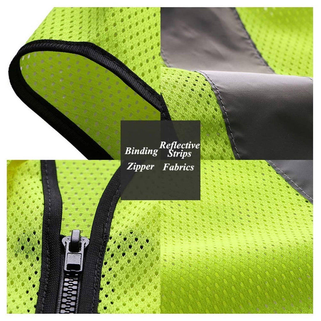 Neon yellow mesh safety vest close-up with black zipper, stitched binding, reflective tape