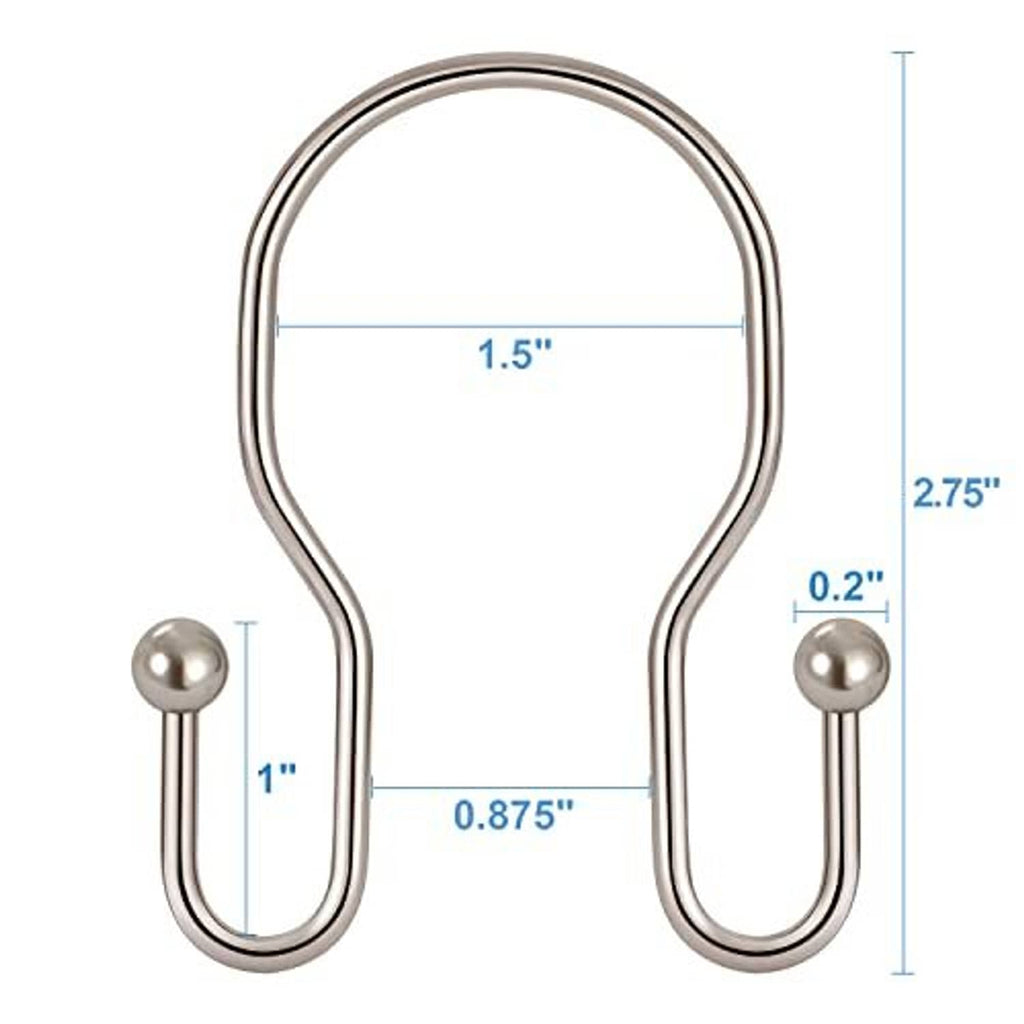 Double shower curtain hook size view, U-shaped stainless steel with round ball tips