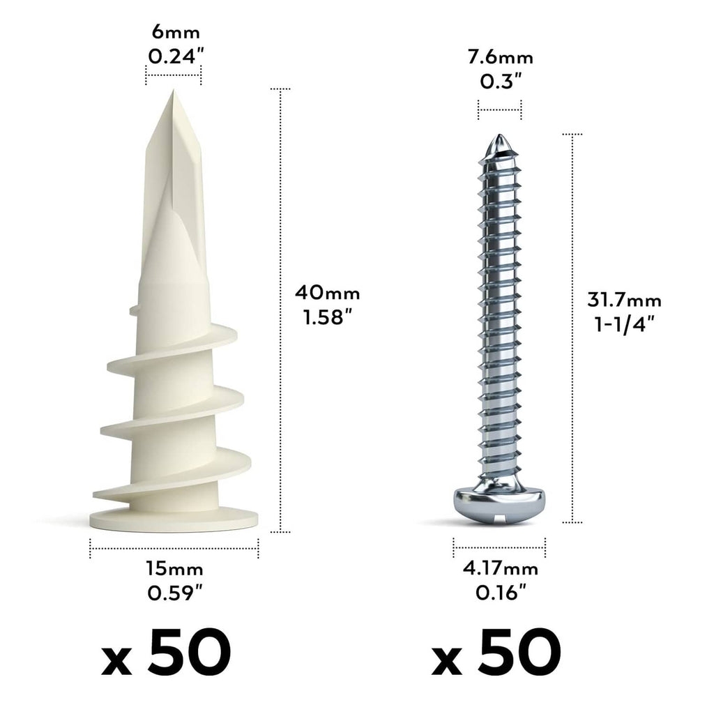 Self-drilling drywall anchors with dimensions, plastic anchors and steel screws, 50/50
