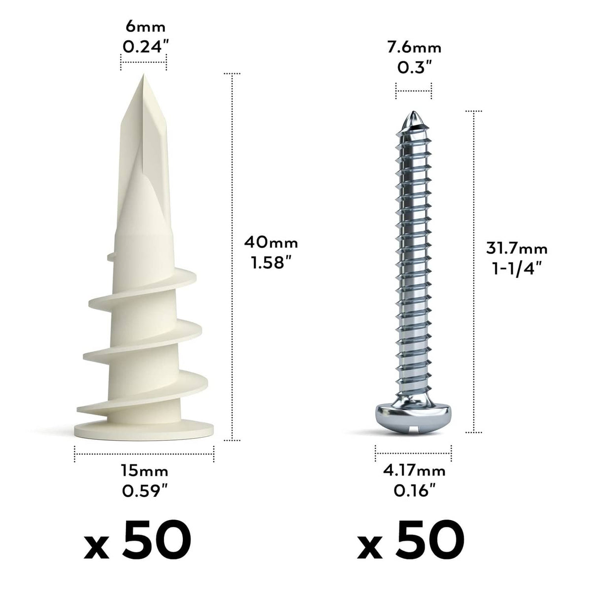 Self-drilling drywall anchors with dimensions, plastic anchors and steel screws, 50/50