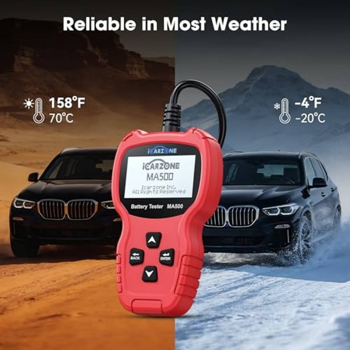 Red handheld battery tester with display and attached cable leads