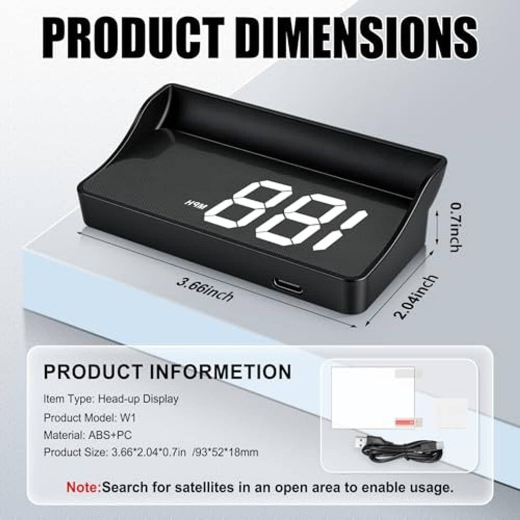 Black car head-up display unit with top LED window, side USB port, dimension view