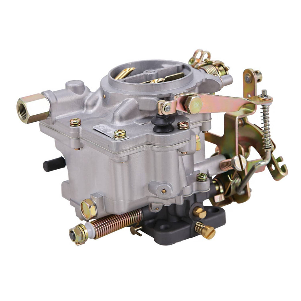 Two-barrel carburetor with round air horn, fuel inlet, and vacuum/adjustment parts