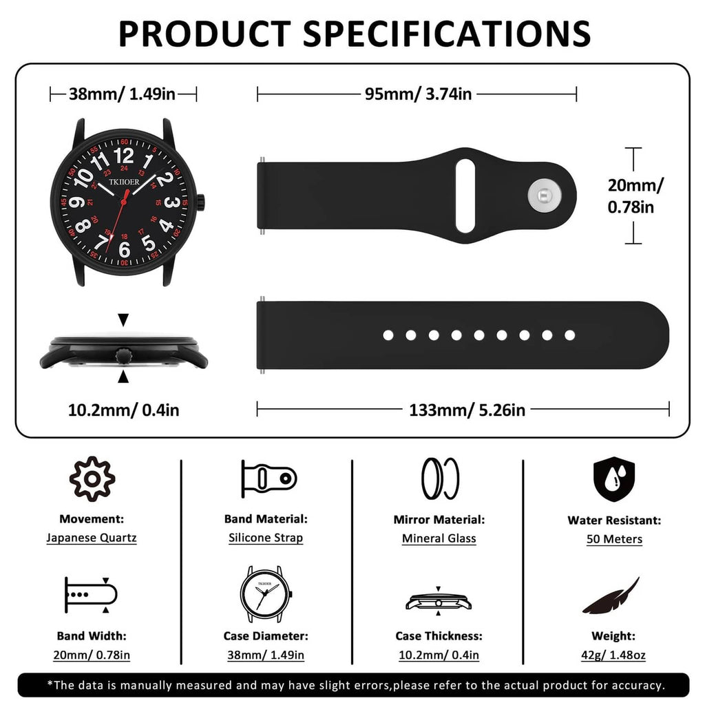 Black watch specifications diagram showing silicone strap and metal buckle