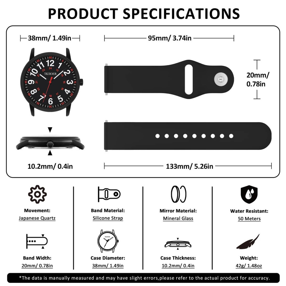 Black watch specifications diagram showing silicone strap and metal buckle