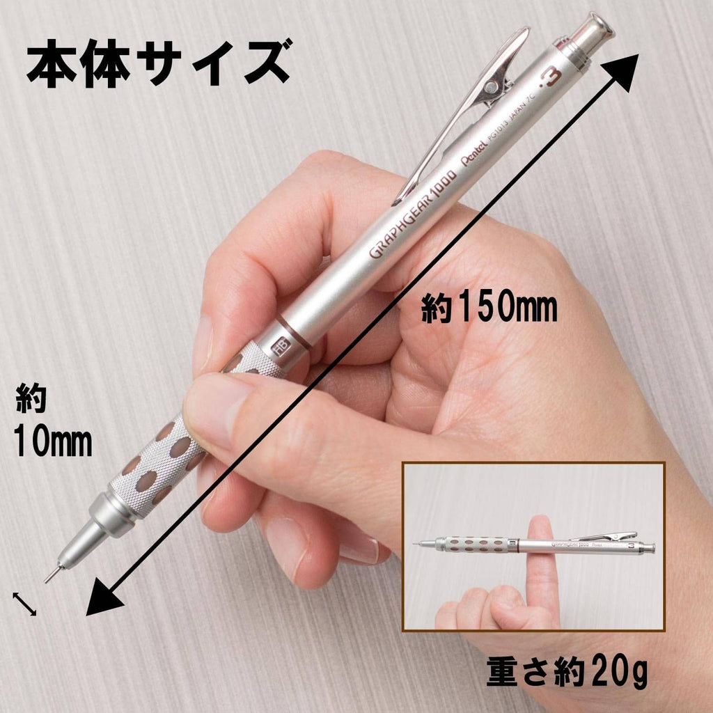 Brown mechanical pencil held in hand, silver clip and patterned grip on drafting body