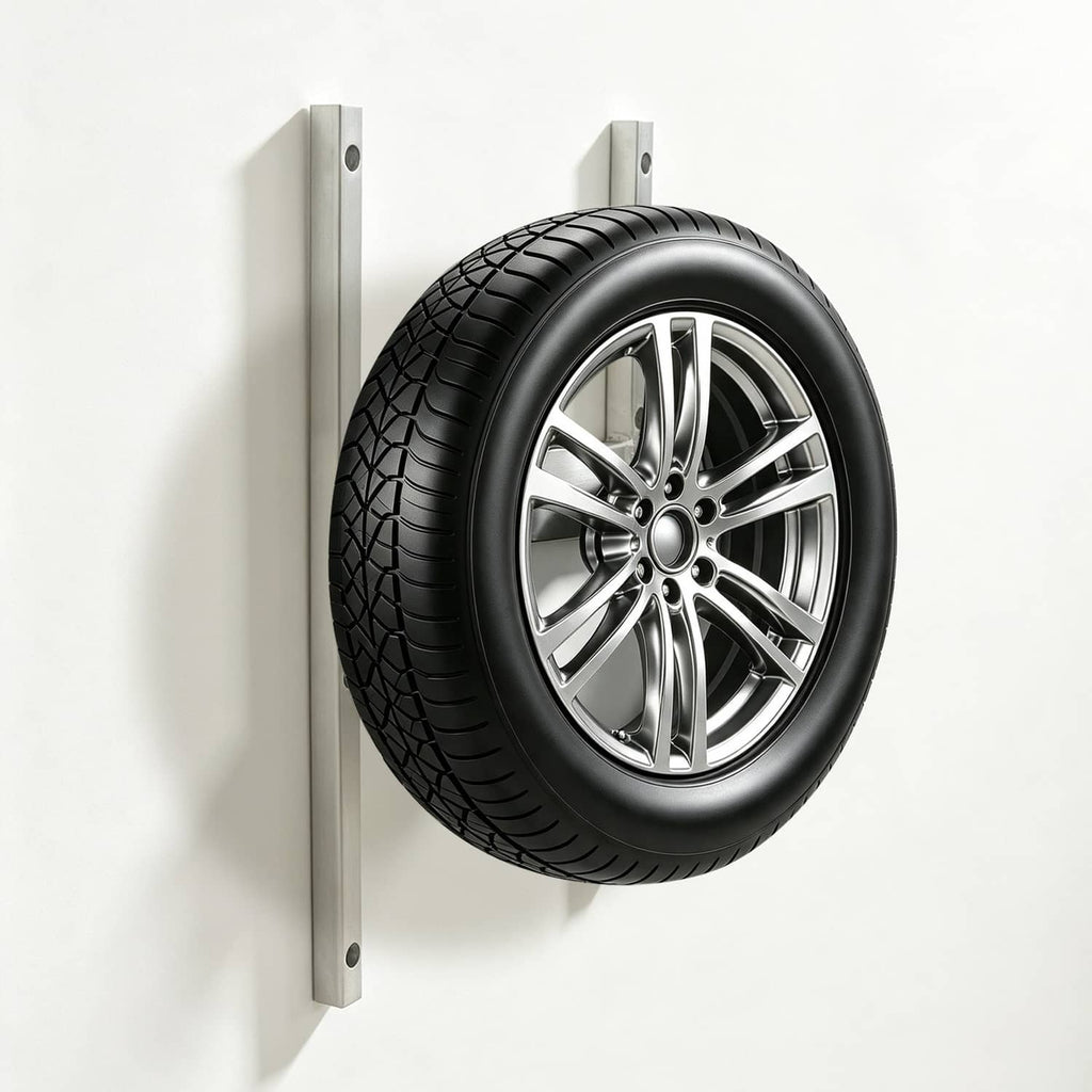 Aluminum spare tire H-mount carrier holding a 6-lug wheel and tire