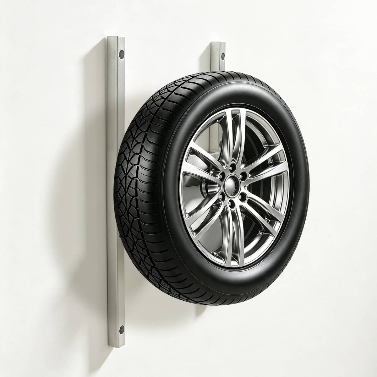 Aluminum spare tire H-mount carrier holding a 6-lug wheel and tire