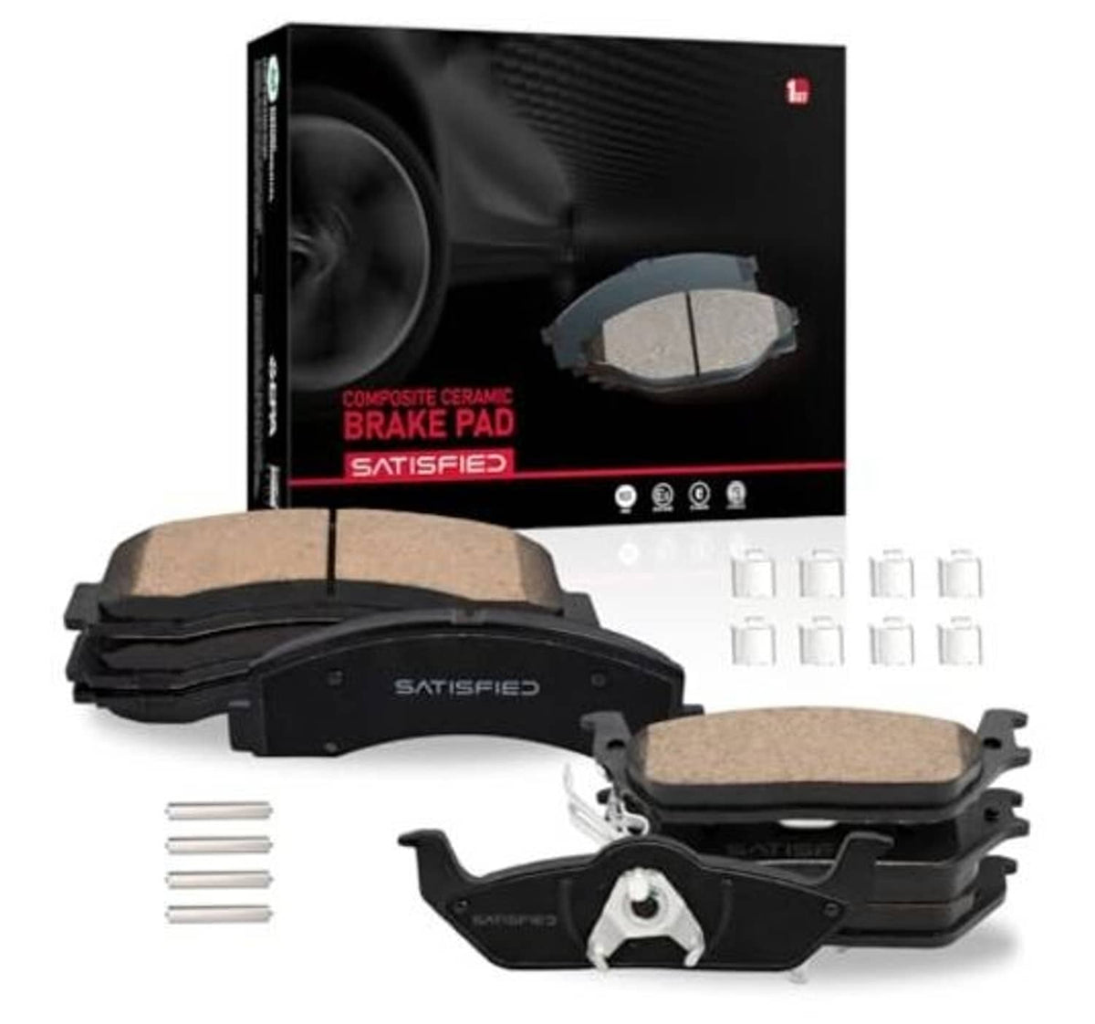 Ceramic brake pad kit with two front pads, hardware pieces, and product box