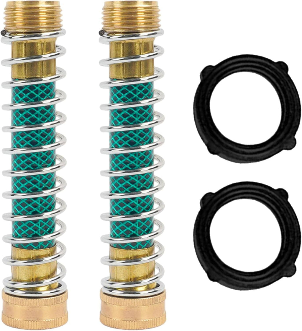 Two brass hose protector adapters with teal coil springs and black sealing rings