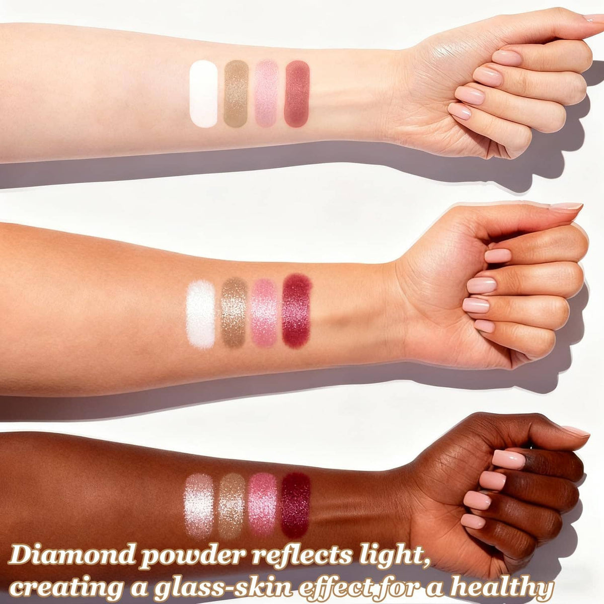 Four-pan palette swatches on forearm: light, bronze, pink, berry