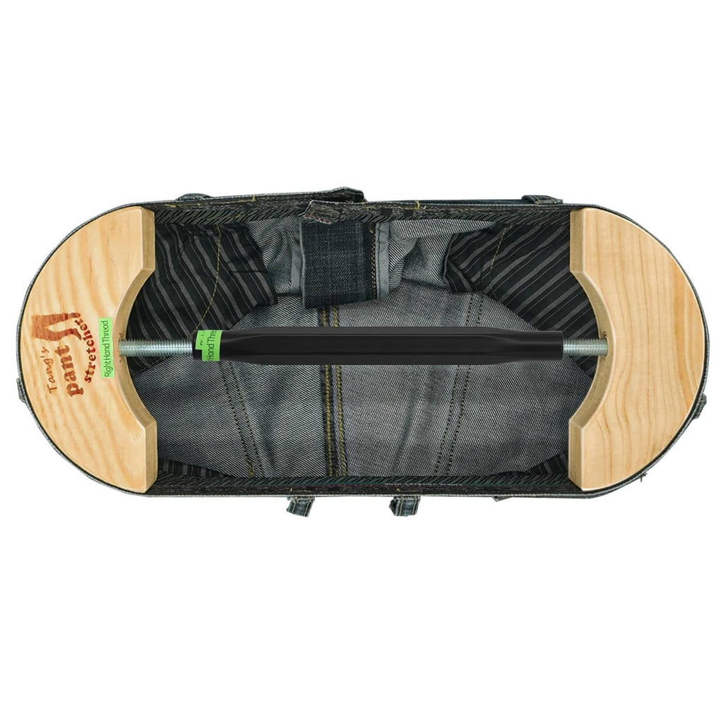 Pant waist stretcher with black rod and light wood half-moon ends in storage case