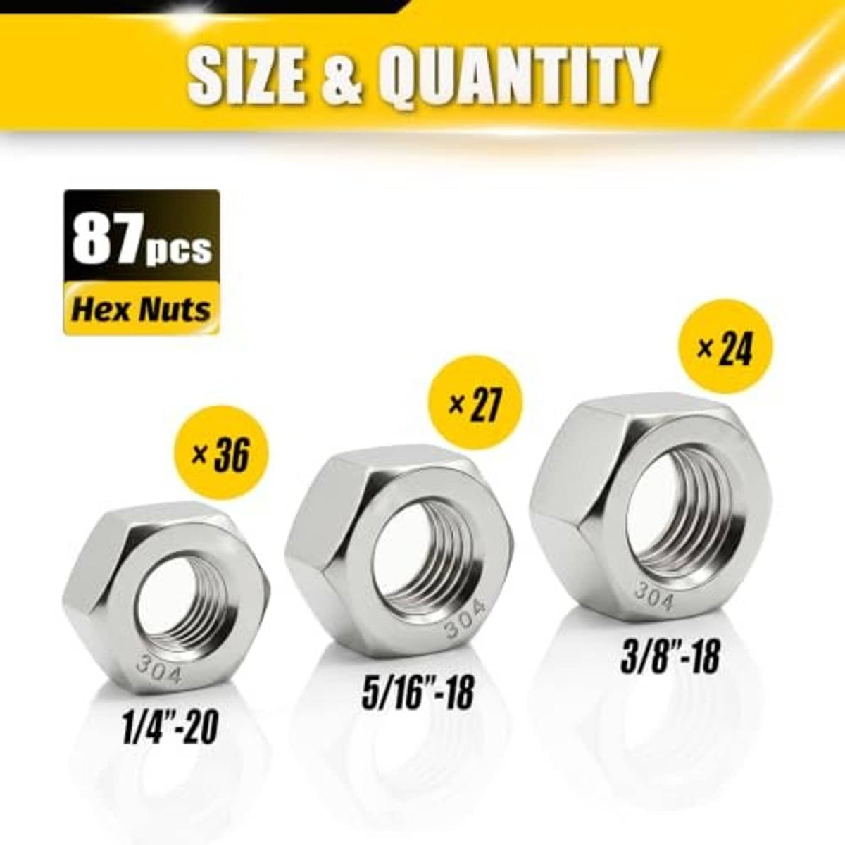 Assorted hex nuts set, three sizes labeled 1/4-20, 5/16-18, 3/8-16