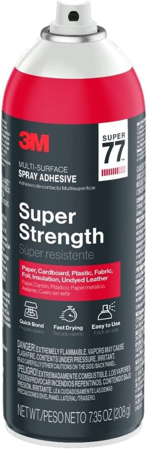 Front view of Super 77 multi-surface spray adhesive can, white cap and red band