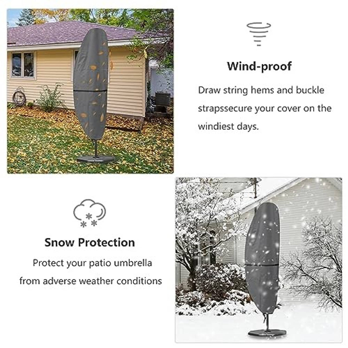 Grey umbrella cover on cantilever stand, drawstring-style closure near bottom