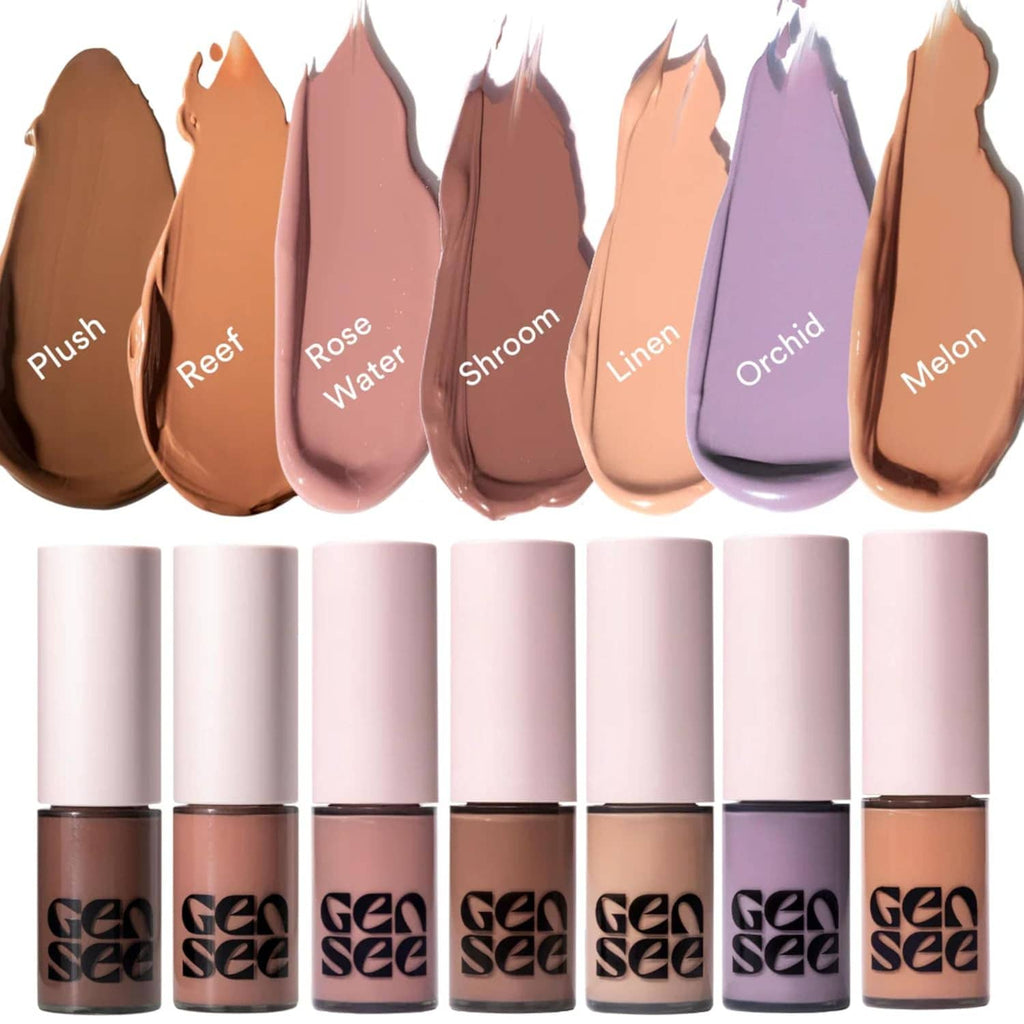 Assorted matte liquid eyeshadow bottles with dome swatches and doe-foot applicators.