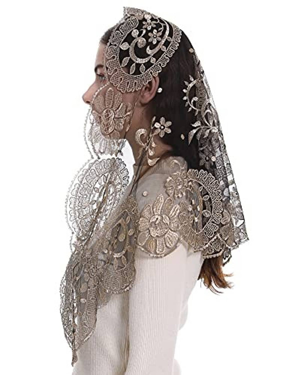 Dark lace triangle veil with silver floral embroidery and scalloped handwork border