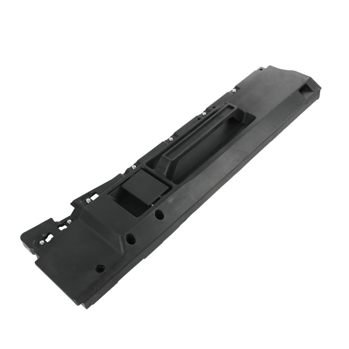 Black interior door handle trim panel with molded recesses and latch cutout