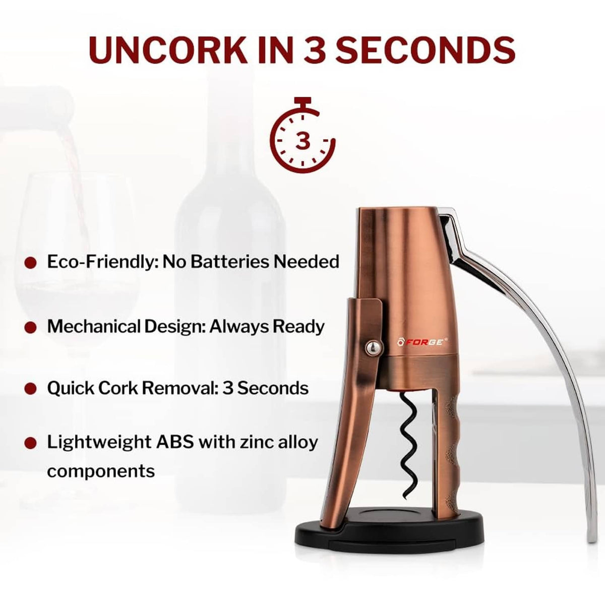 Copper vertical lever wine opener on black base with cork removal lever arm