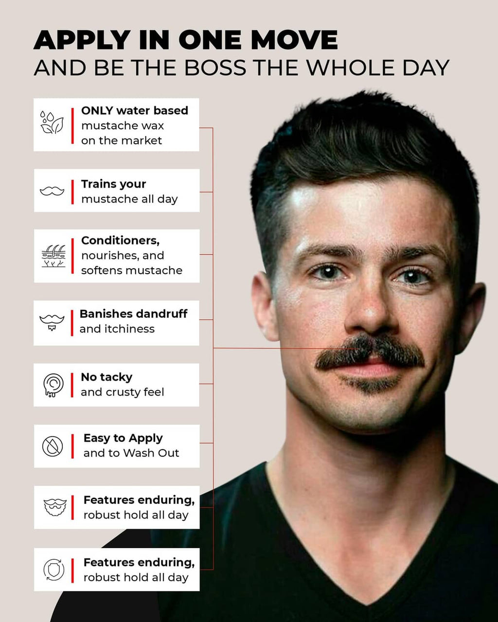 Mustache training wax usage infographic with a man showing a styled mustache