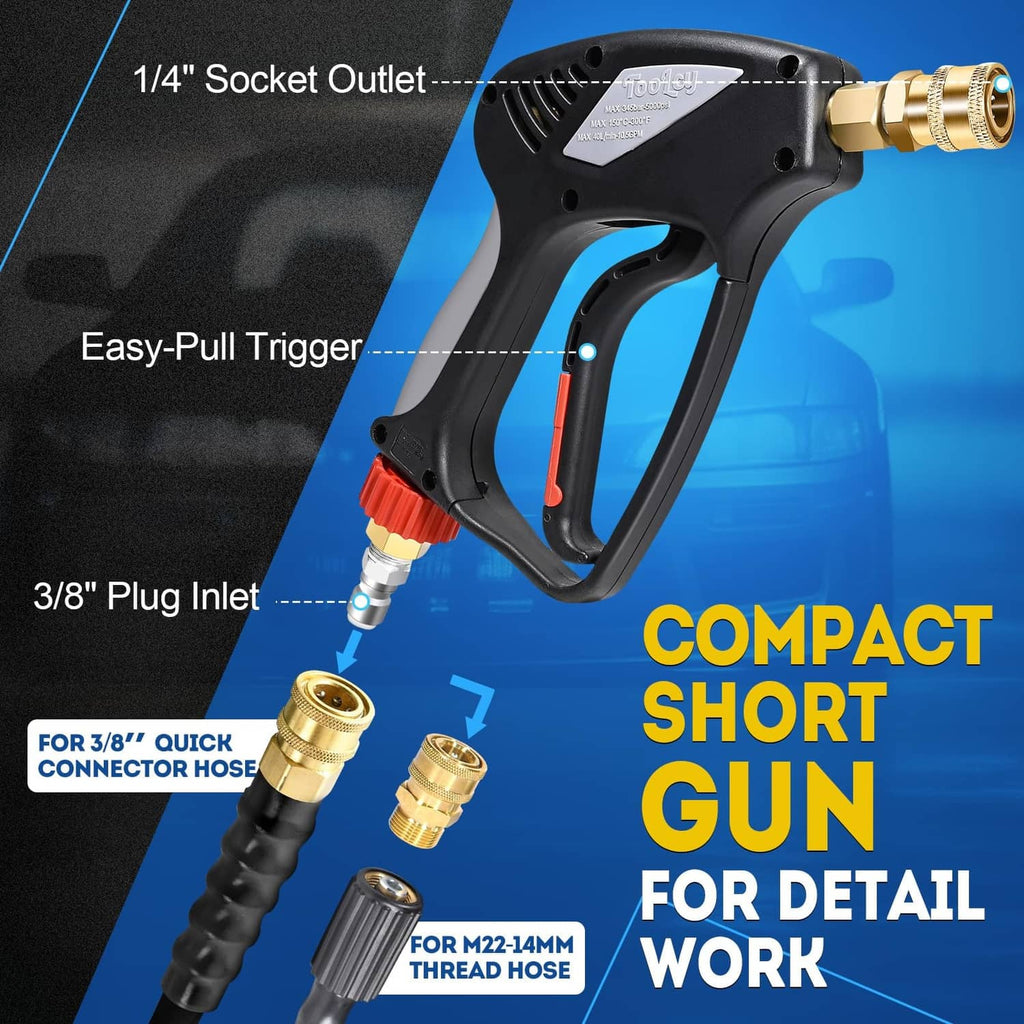 Compact black pressure washer gun with brass quick-connect fittings and short nozzle