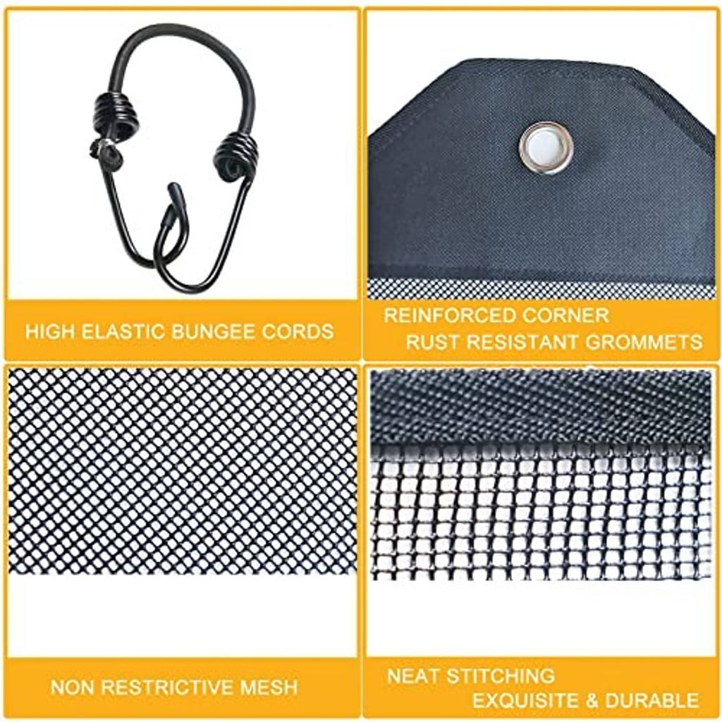 AC unit cover accessories: elastic bungee cords, rust-resistant grommets, reinforced mesh edges.
